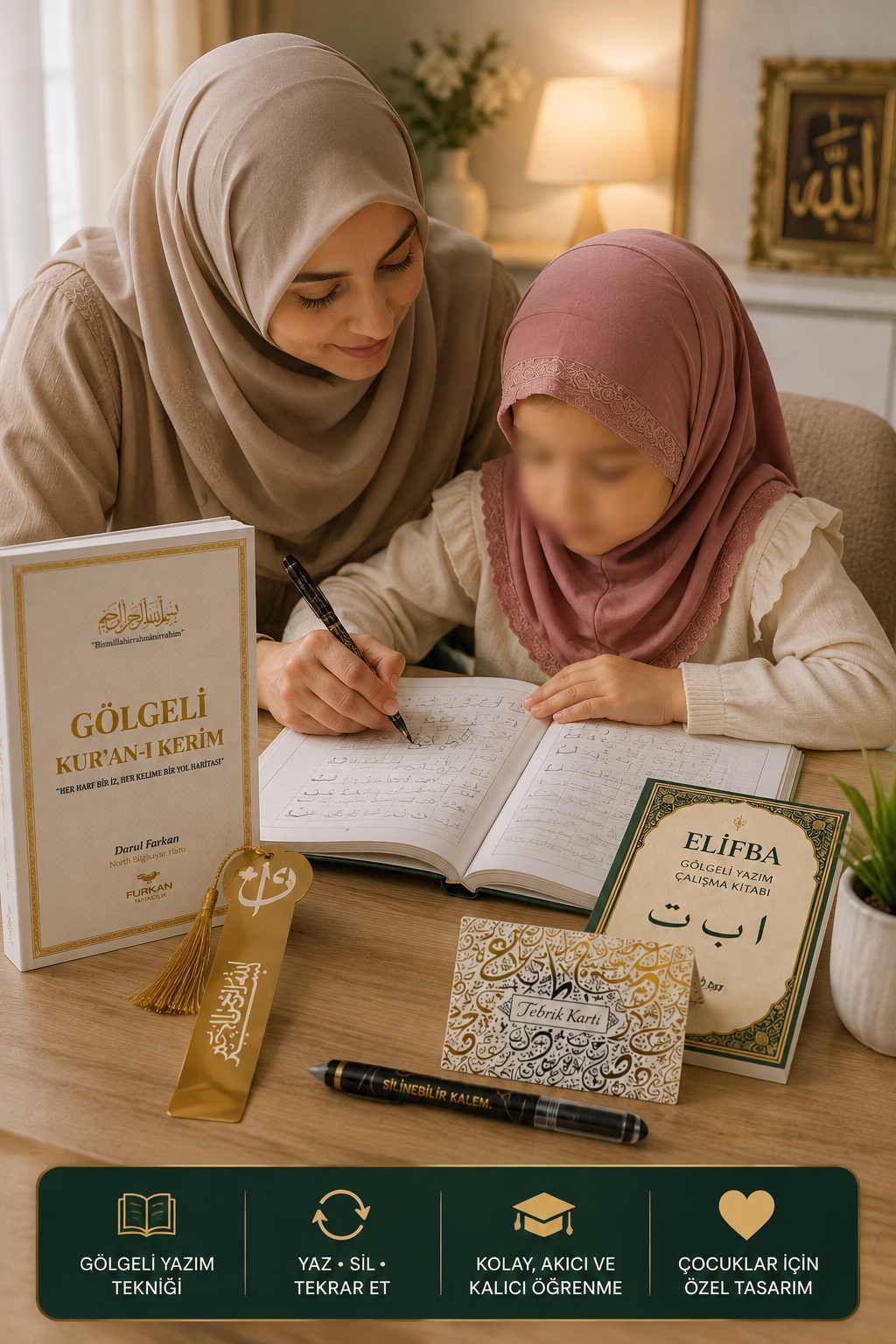 Gölgeli Kur'an-ı Kerim Seti | Yazarak Öğren | Silinebilir Kalem + Gölgeli Elifba Hediyeli